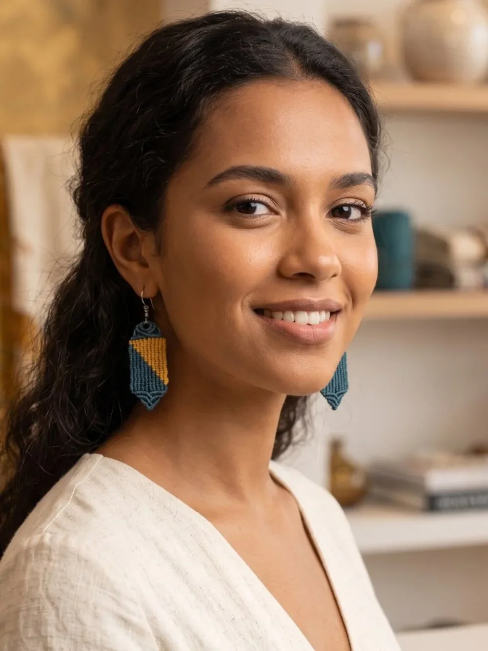 Teal Mustard Macrame Dangle Earrings